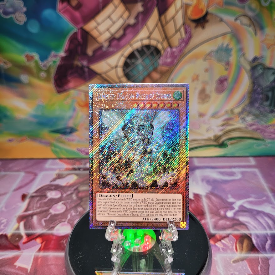 A Platinum Secret Rare "Tempest, Dragon Ruler of Storms" card from the Yugioh Set: Quarter Century Bonanza (RA03)