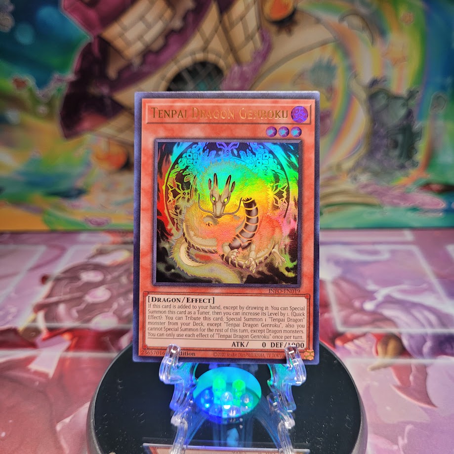 An Ultra Rare "Tenpai Dragon Genroku" card from the Yugioh Set: The Infinite Forbidden.