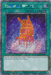 A Platinum Secret Rare "Terminal World" card from the Yugioh Set: Quarter Century Stampede (RA04).