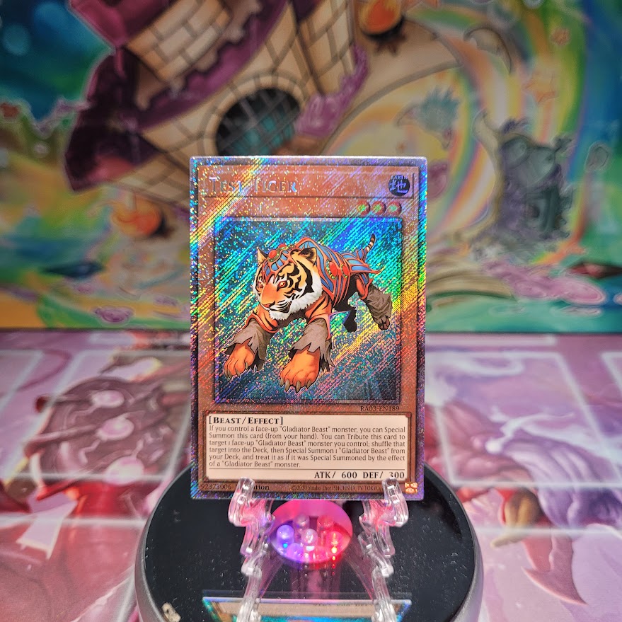 A Platinum Secret Rare "Test Tiger" card from the Yugioh Set: Quarter Century Bonanza (RA03)