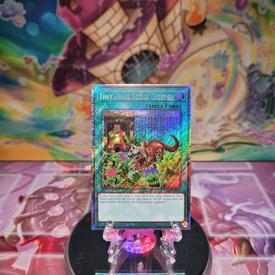 A Platinum Secret Rare "That Grass Looks Greener" card from the Yugioh Set: Quarter Century Bonanza (RA03)