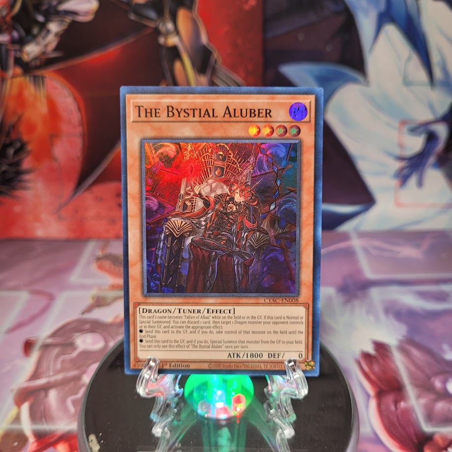 A Super Rare "The Bystial Aluber" card from the Yugioh Set: Cyberstorm Access.