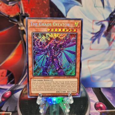 A Secret Rare "The Chaos Creator" card from the Yugioh Set: Battles of Legend: Crystal Revenge.