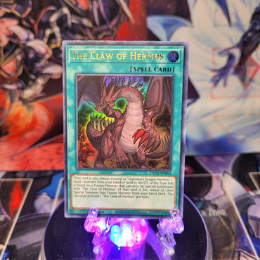 An Ultra Rare "The Claw of Hermos" card from the Yugioh Set: Dragons of Legend: The Complete Series.