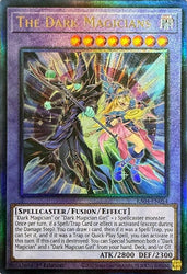 A Prismatic Ultimate Rare "The Dark Magicians" card from the Yugioh Set: Quarter Century Stampede (RA04).