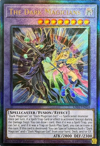 A Prismatic Ultimate Rare "The Dark Magicians" card from the Yugioh Set: Quarter Century Stampede (RA04).