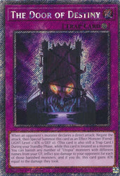 A Platinum Secret Rare "The Door of Destiny" card from the Yugioh Set: Quarter Century Stampede (RA04).