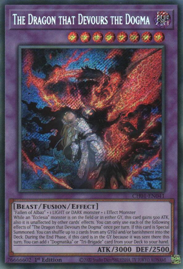 A Secret Rare "The Dragon That Devours the Dogma" card from the Yugioh Structure Deck: The Fallen & The Virtuous (CH01).