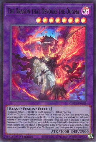 An Ultra Rare "The Dragon that Devours the Dogma" card from the Yugioh Structure Deck: The Fallen & The Virtuous (CH01).