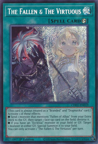 A Secret Rare "The Fallen & The Virtuous" card from the Yugioh Chronicles Structure Deck: The Fallen & The Virtuous (CH01).