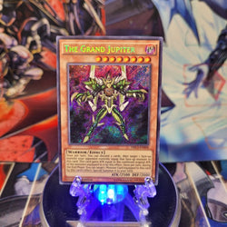 A Secret Rare "The Grand Jupiter" card from the Yugioh Set: Dragons of Legend: Unleashed.