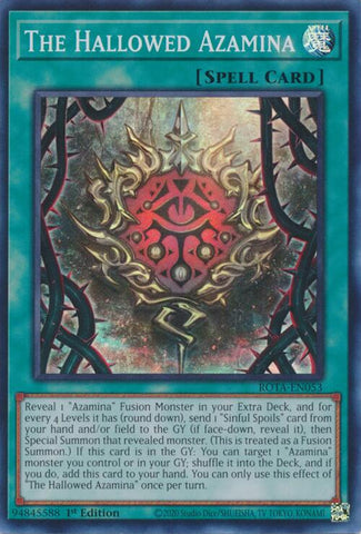 A Super Rare "The Hallowed Azamina" card from the Yugioh Set: Rage of the Abyss (ROTA).