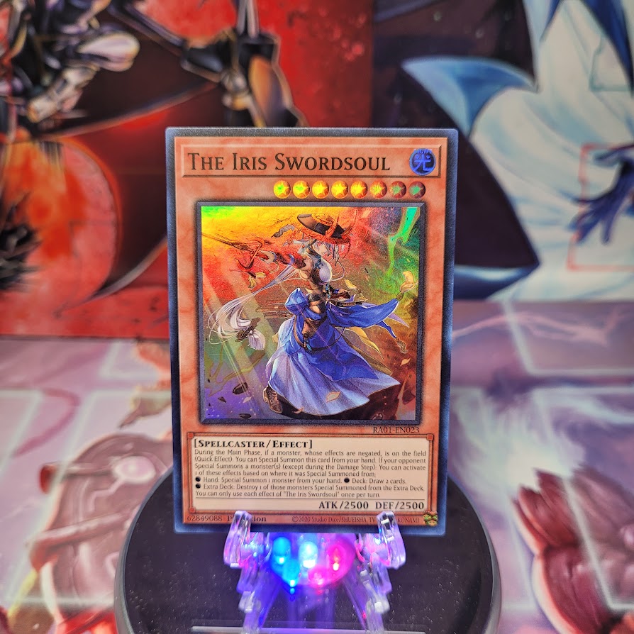 A Super Rare "The Iris Swordsoul" card from the Yugioh Set: Rarity Collection 1 (RA01).