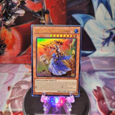 An Ultra Rare "The Iris Swordsoul" card from the Yugioh Set: Rarity Collection 1 (RA01).