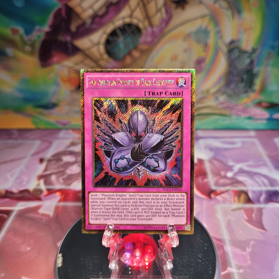 A Gold Secret Rare "The Phantom Knights of Dark Gauntlets" card from the Yugioh Set: Premium Gold: Infinite Gold.