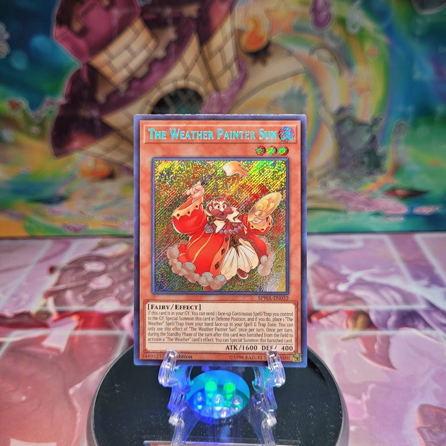 A Secret Rare "The Weather Painter Sun" card from the Yugioh Set: Spirit Warriors.