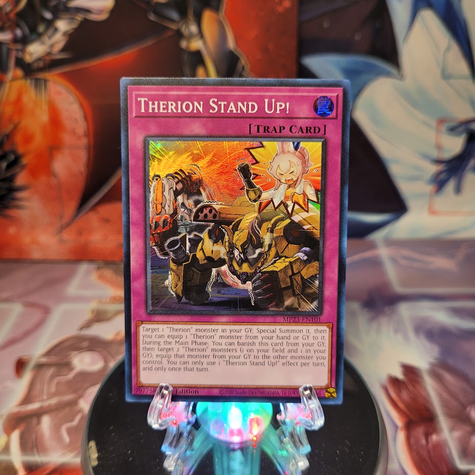 A Super Rare "Therion Stand Up!" card from the Yugioh 25th Anniversary Tin: Dueling Heroes set.