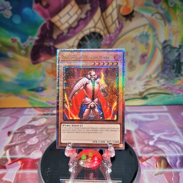  A Quarter Century Secret Rare "Thestalos the Firestorm Monarch" card from the Yugioh Set: Quarter Century Bonanza (RA03).