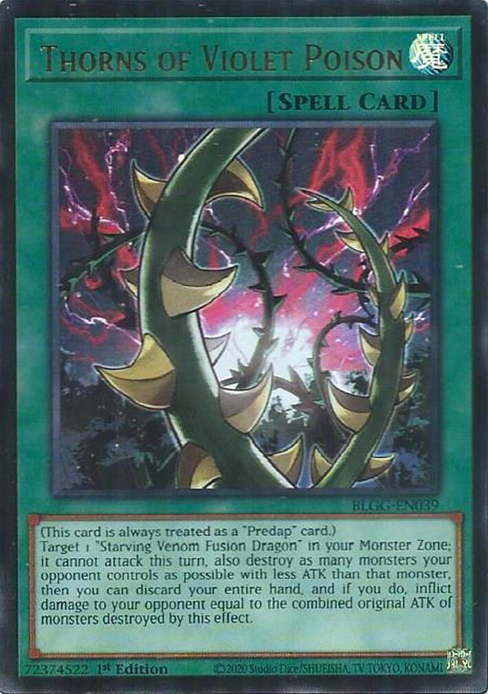 An Ultra Rare "Thorns of Violet Poison" card from the Yugioh Set: Battles of Legend: Glorious Gallery (BLGG).