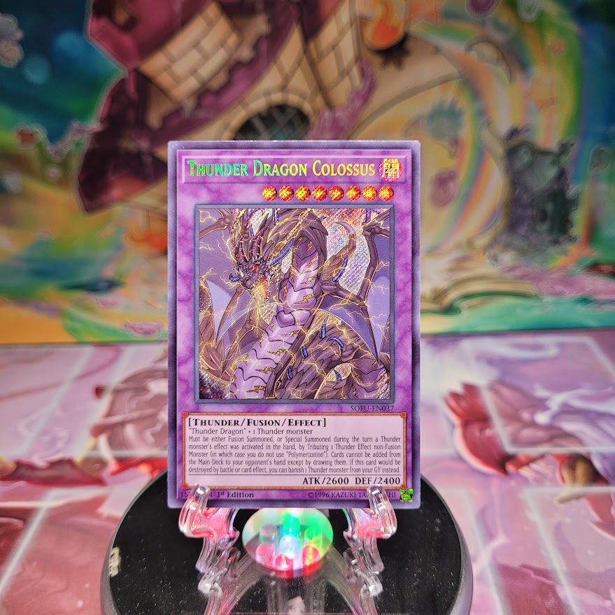 A Secret Rare "Thunder Dragon Colossus" card from the Yugioh Set: Soul Fusion (SOFU).