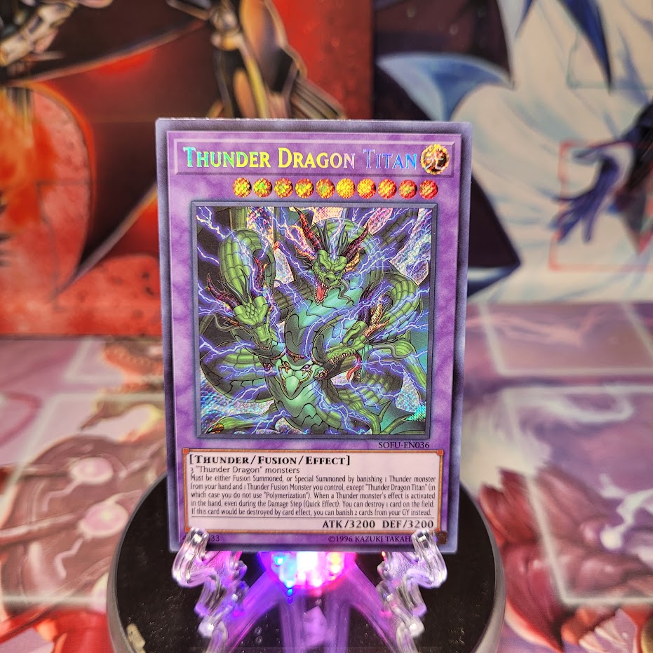 A Secret Rare "Thunder Dragon Titan" card from the Yugioh Set: Soul Fusion (SOFU).