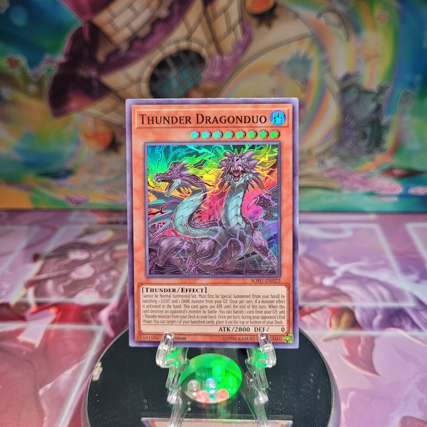 A Super Rare "Thunder Dragonduo" card from the Yugioh Set: Soul Fusion.