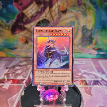 A Super Rare "Thunderclap Skywolf" card from the Yugioh Set: Secrets of Eternity.