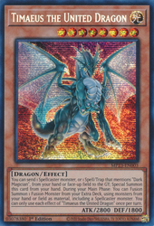 A Prismatic Secret Rare "Timaeus the United Dragon" card from the Yugioh 25th Anniversary Tin: Dueling Heroes (MP23).