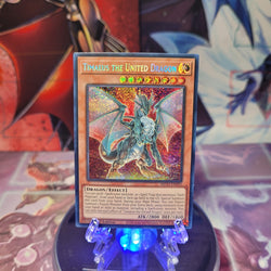 A Prismatic Secret Rare "Timaeus the United Dragon" card from the Yugioh 25th Anniversary Tin: Dueling Heroes (MP23).