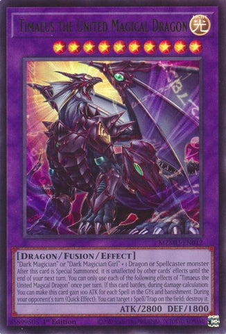 An Ultra Rare "Timaeus the United Magical Dragon" card from the Yugioh Set: Maze of Muertos (MZMU).
