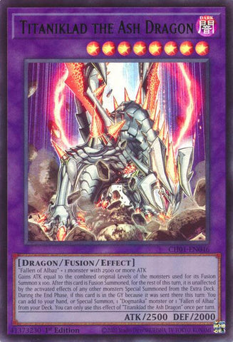 An Ultra Rare "Titaniklad the Ash Dragon" card from the Yugioh Structure Deck: The Fallen & The Virtuous (CH01).