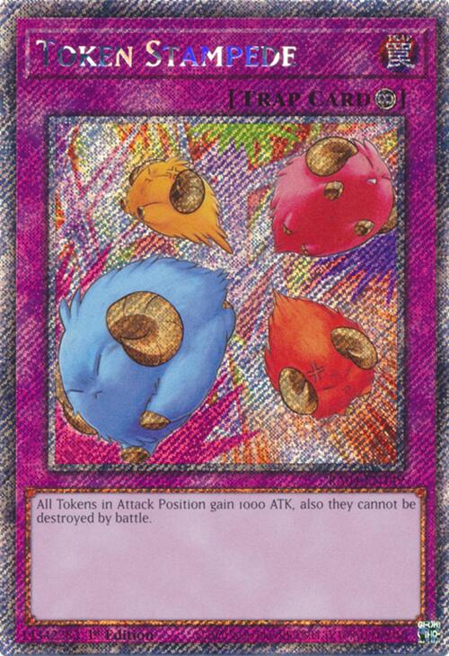 A Platinum Secret Rare "Token Stampede" card from the Yugioh Set: Quarter Century Stampede (RA04).