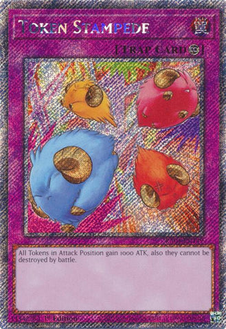 A Platinum Secret Rare "Token Stampede" card from the Yugioh Set: Quarter Century Stampede (RA04).