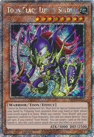 A Platinum Secret Rare "Toon Black Luster Soldier" card from the Yugioh Set: Quarter Century Bonanza (RA03).