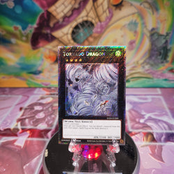 A Platinum Secret Rare "Tornado Dragon" card from the Yugioh Set: Quarter Century Stampede (RA04).