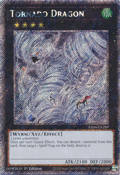A Platinum Secret Rare "Tornado Dragon" card from the Yugioh Set: Quarter Century Stampede (RA04).