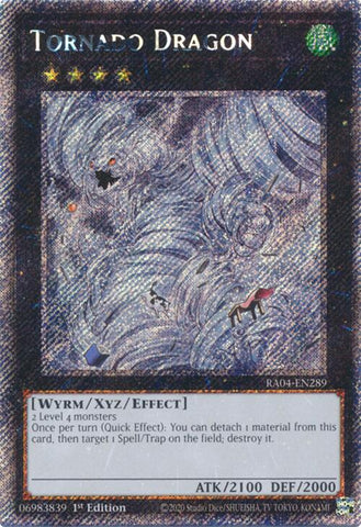 A Platinum Secret Rare "Tornado Dragon" card from the Yugioh Set: Quarter Century Stampede (RA04).