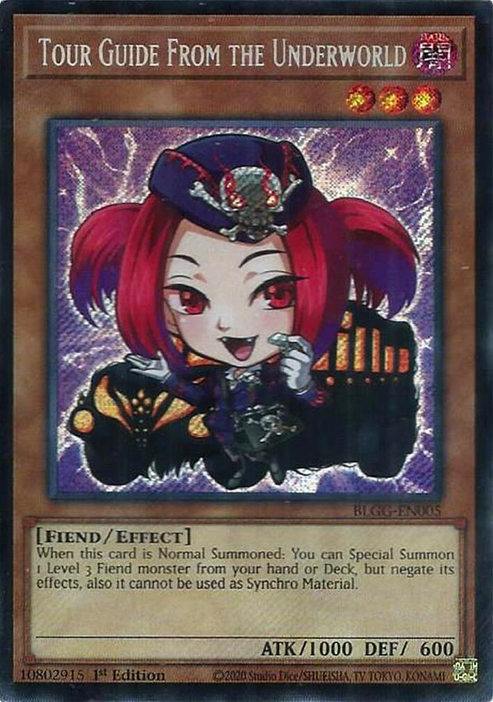A Secret Rare Chibi Art "Tour Guide From the Underworld" card from the Yugioh Set: Battles of Legend: Glorious Gallery (BLGG).