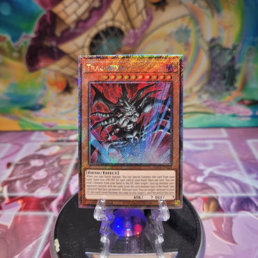 A Platinum Secret Rare "Tragoedia" card from the Yugioh Set: Quarter Century Bonanza (RA03).