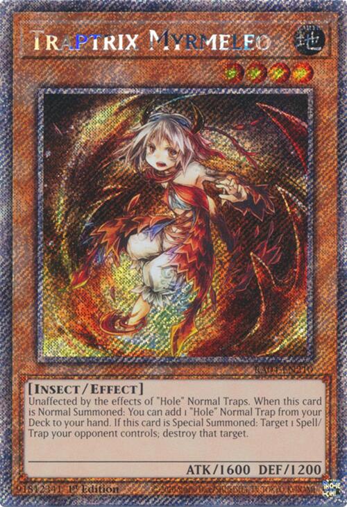 A Platinum Secret Rare "Traptrix Myrmeleo" card from the Yugioh Set: Quarter Century Stampede (RA04).