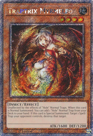 A Platinum Secret Rare "Traptrix Myrmeleo" card from the Yugioh Set: Quarter Century Stampede (RA04).