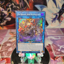 A Super Rare "Tri-Brigade Arms Bucephalus II" card from the Yugioh Set: Photon Hypernova.