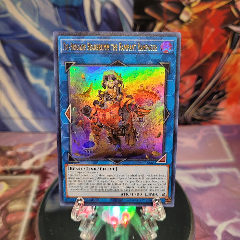 An Ultra Rare "Tri-Brigade Bearbrumm the Rampant Rampager" card from the Yugioh 2022 Tin of the Pharaoh's Gods Set. 