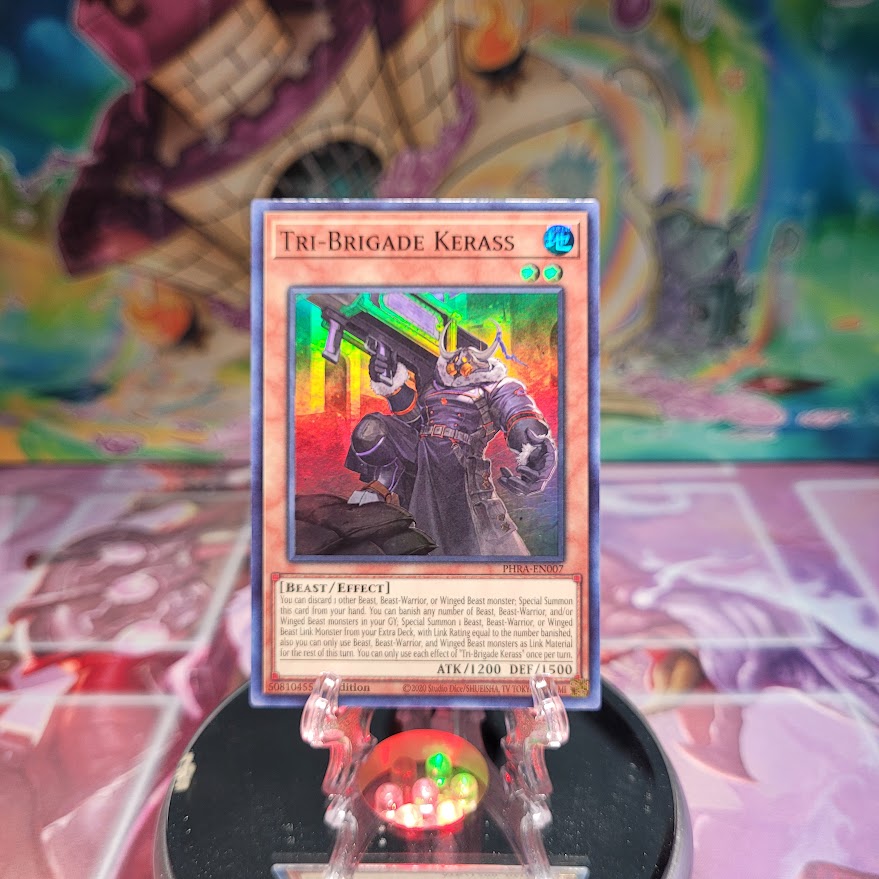 A Super Rare "Tri-Brigade Kerass" card from the Yugioh Set: Phantom Rage.