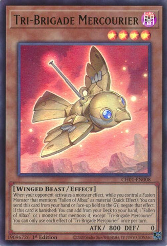 An Ultra Rare "Tri-Brigade Mercourier" card from the Yugioh Structure Deck: The Fallen & The Virtuous (CH01).
