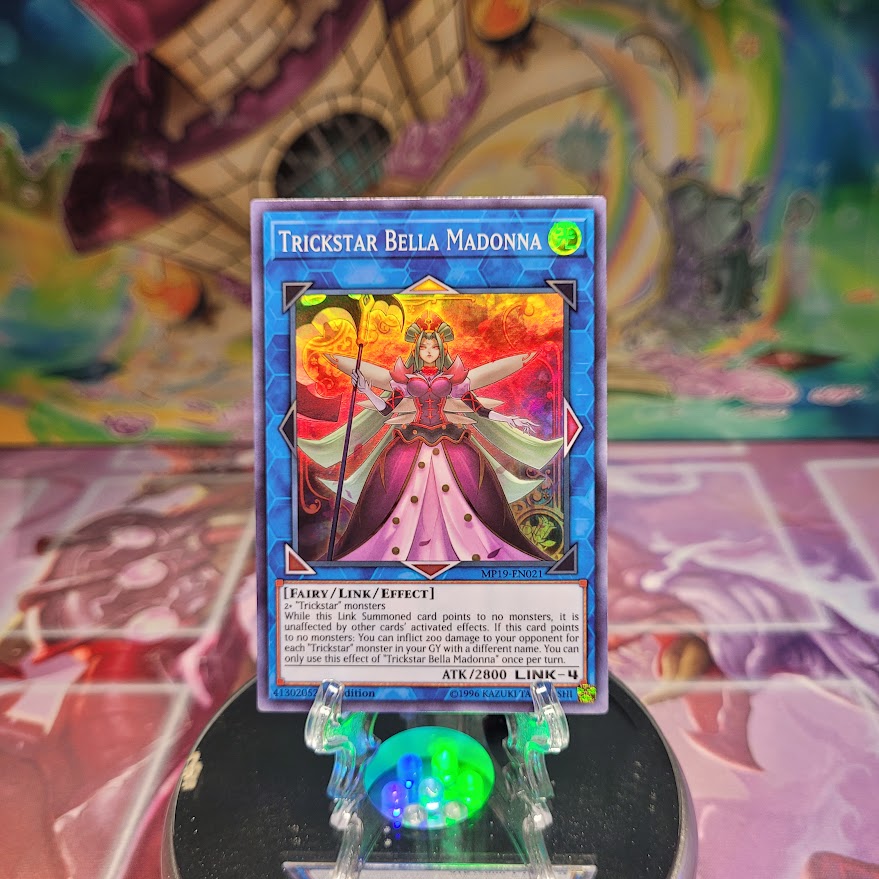 A Super Rare "Trickstar Bella Madonna" card from the Yugioh 2019 Mega-Tins Mega Pack.