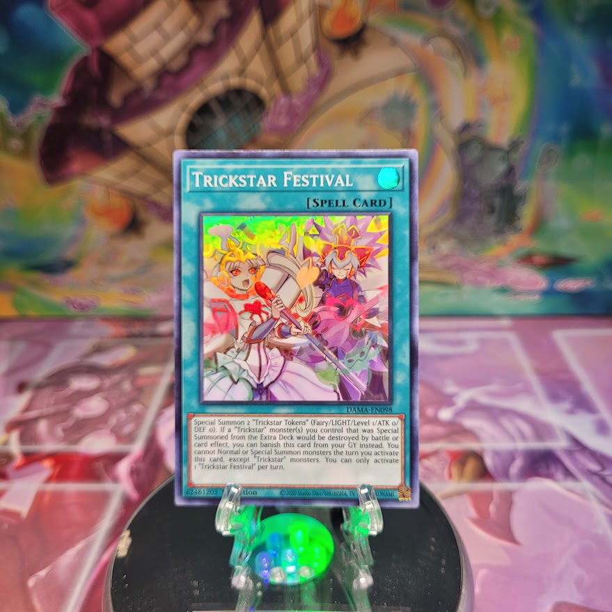 A Super Rare "Trickstar Festival" card from the Yugioh Set: Dawn of Majesty.