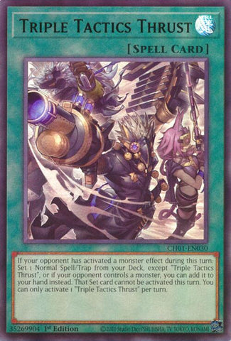 An Ultra Rare "Triple Tactics Thrust" card from the Yugioh Structure Deck: The Fallen & The Virtuous (CH01).