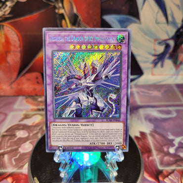 A Secret Rare "Trishula, the Dragon of Icy Imprisonment" card from the Yugioh Set: Battles of Legend: Armageddon (BLAR).