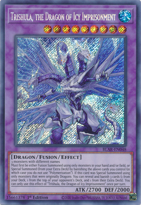 A Secret Rare "Trishula, the Dragon of Icy Imprisonment" card from the Yugioh Set: Battles of Legend: Armageddon (BLAR).